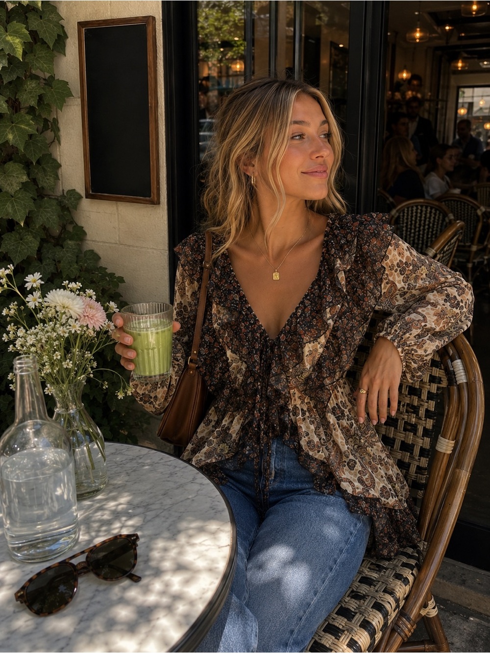 Floral Ruffle V-Neck Tunic Top - Brown Floral